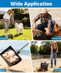 Two In One Chicken Poop Scooper And Rake With Adjustable Stainless Steel Handle used for various cleanups including farm and beach.
