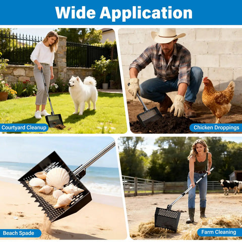Two In One Chicken Poop Scooper And Rake With Adjustable Stainless Steel Handle used for various cleanups including farm and beach.