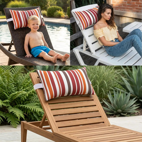 Two Pack Outdoor Chaise Lounge Head Pillow With Elastic Strap Red Stripes Water Resistant Headrest For Recliners Beach Chairs