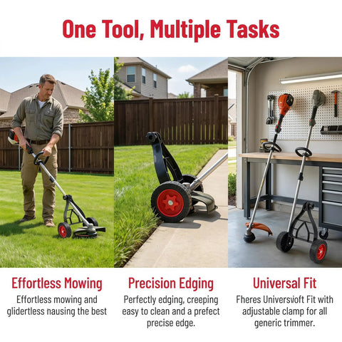 Universal String Trimmer Wheel Support Attaches To Any Weed Eater Turning It Into A Lawn Edger While Ditching The Burn On Your Wrists For Easy Weekend Jobs seen from multiple angles outdoors and in garage.