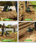 Beast Garden Tiller For Big Beds 1800W Corded Cultivator with 24 Steel Tines in action for tilling, weeding, compost, and trenching.