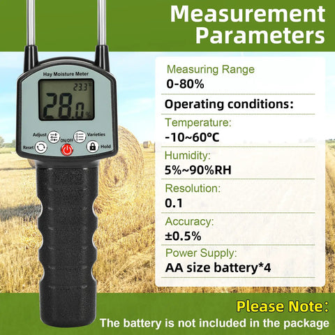 Portable Hay Moisture Tester With Backlit Large Screen, Dead-On 0.5% Accuracy, Fast Readings From 0 To 80% Moisture, Handy Probe For Forage Like Alfalfa, Orchard Grass, And Bales, front view