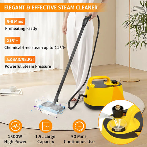 Heavy Duty Handheld Steam Cleaner For Spotless Home Cleaning, 1500W, 1.5L tank, powerful steam, and fast cleaning.