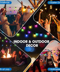 Collage of holiday celebrations with Outdoor 50 Foot RGB LED Christmas Lights IP65 Waterproof Color Changing String Lights.