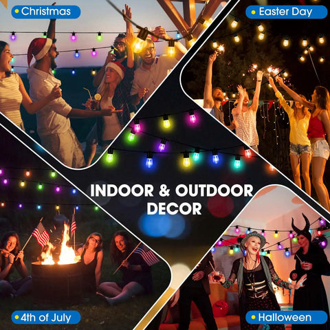 Collage of holiday celebrations with Outdoor 50 Foot RGB LED Christmas Lights IP65 Waterproof Color Changing String Lights.