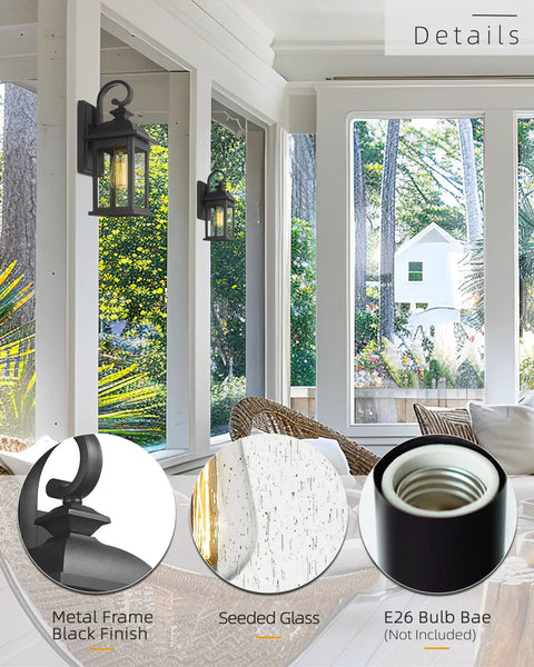 Matte Black Outdoor Wall Sconce With Seeded Glass 15 Inch Front Porch Light Fixture Exterior Wall Mount For Patio Garden Entryway E26 Base Up To 60W Bulb Compatible Easy Install Weather Resistant with metal frame and detail illustrations