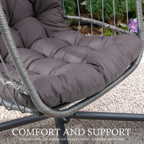 Close-up of charcoal grey seat cushion on Indoor Outdoor Egg Chair With Stand For Patio And Balcony Wicker Swing Egg Chair Rust Resistant Steel Frame And Heavy Duty Stand Adjustable Suspension Chain 350 Lb Capacity Charcoal Grey