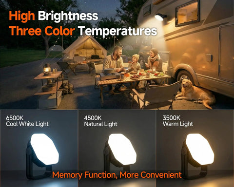 Rechargeable Hanging Camping Lantern With Magnetic Mount And One Quarter Twenty UNC Threaded Mount Three Light Modes 30W Portable Tent Light IP65 Waterproof LED Flashlight For Fishing The Man Cave RV And Emergency displayed on a camping table at night with three color temperatures.