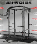 Built Like A Tank Power Cage Rack With Cable Crossover System And 2000 Pound Load Bearing Capacity For Game Changing Home Gym Setup Including Black Steel Framing Multi Function Workout Machine With Extra Training Attachments showcasing multi-grip pull-up bar and dip bar.