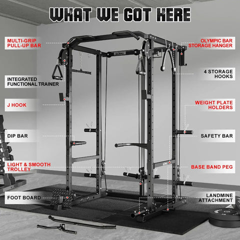 Built Like A Tank Power Cage Rack With Cable Crossover System And 2000 Pound Load Bearing Capacity For Game Changing Home Gym Setup Including Black Steel Framing Multi Function Workout Machine With Extra Training Attachments showcasing multi-grip pull-up bar and dip bar.