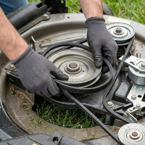 Mechanic installing Beefy Traction Drive V Belt 120-9470 for 30 Inch Lawn Mowers TimeMaster Decks on mower deck