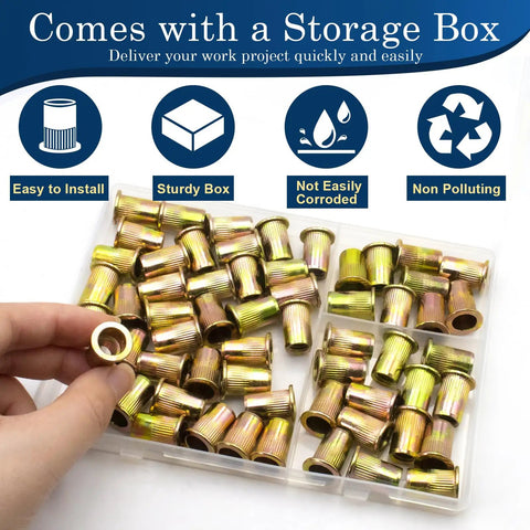 Rivet Nut Kit 60 Pcs Five Sixteenth By Eighteenth UNC Zinc Plated Carbon Steel Flat Head Threaded Insert Nuts in storage box