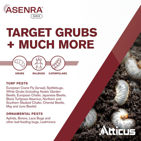 Image of Liquid Grub Control For Lawns And Landscaping With Eighteen Point Four Percent Chlorantraniliprole Kills White Grubs, product label with pest targets.