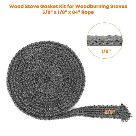 Wood stove gasket rope, gray graphite-impregnated fiberglass, 5/8 in x 1/8 in x 84 in, rolled with 1/8 in cross-section