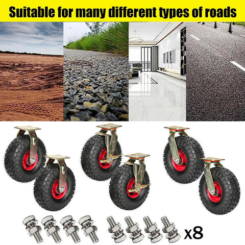 Set Of Two Heavy Duty Pneumatic Rubber Swivel Casters With Safety Brakes Roll Smooth And Crush 300Kg Loads Quietly For Shop Garage Warehouse Jobs Built Tough The Daily Grind and various road types.