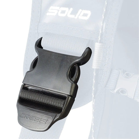 Close-up of buckle on Solid Jacket Style BCD For Scuba Diving Black Red 2XS High Lift Ultra Durable Cost Effective Pro Grade Gear