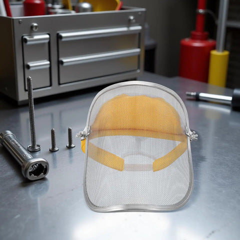 Boss Level Stainless Steel Mesh Face Shield And Rugged Welding Grinder Mask With No Sweat Ventilation For Tough Job Sites And Heavy Duty Workshop Grind on workbench with tools.