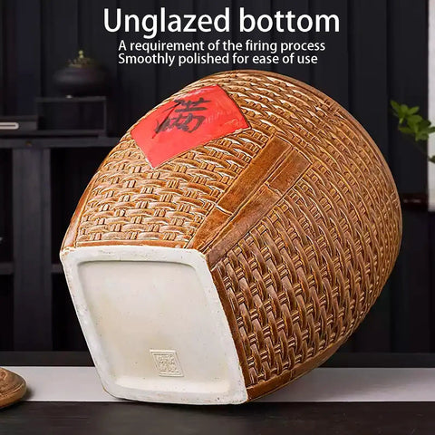 Top Shelf Ceramic Rice Storage Jar With Airtight Lid Chinese Design Grain Dispenser For Beans Coffee Tea Built Different Kitchen Organization Bucket Keeps Eats Fresh, unglazed bottom detail.