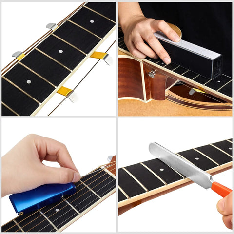 Using 65 Piece Guitar Repair Kit For Pro Level Setup And Maintenance With Fret Leveling Beam Fret Crowning File on guitar neck