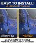 Installation of Ford F-150 6.34 Inch Antenna Mast, easy tool-free replace on a blue truck, showing old and new antennas.