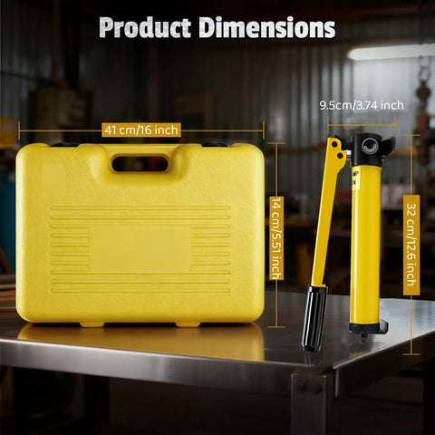 Hydraulic Knockout Punch Kit dimensions with yellow case and manual driver, showing sizes for conduit holes from 1/2 to 2 inches.