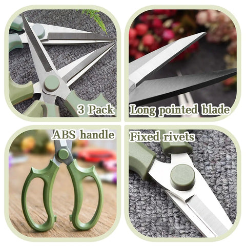 Collage of Three Pack Floral Pruning Shears Set With 65mm Stainless Steel Blades And Soft Rubber Grip Handles, including close-ups of blades and handles.