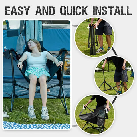 Person sitting in Two Pack Hammock Camping Chair Outdoor Portable Swing Chair Set With Adjustable Back And Height Breathable Mesh High Back Sturdy 400 Lb Capacity For Lawn Backyard Patio Black, with images of folding and assembly process shown.