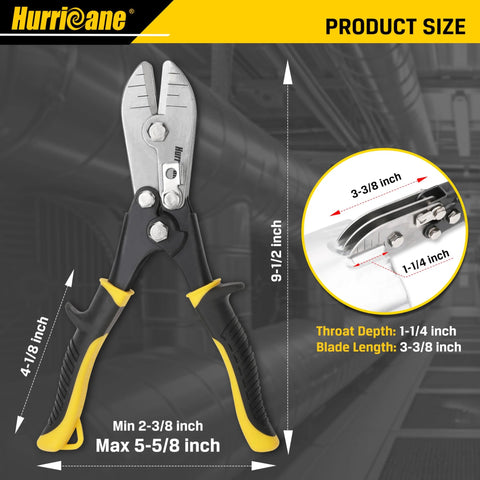 Hurricane 5-blade sheet metal crimper, front view; yellow/black grip handles, HVAC ductwork tool.