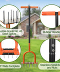 Collage showing 39 Inch Lawn Aerator With 15 Industrial Grade No 45 Steel Spikes, rubber handle, and wide footplate for garden use.