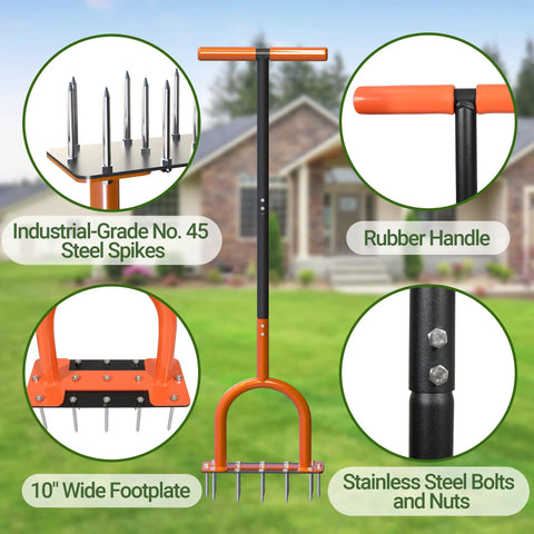 Collage showing 39 Inch Lawn Aerator With 15 Industrial Grade No 45 Steel Spikes, rubber handle, and wide footplate for garden use.