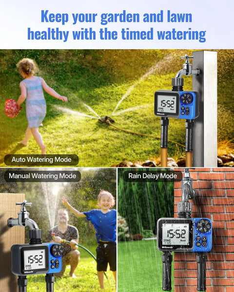 Two Zone Hose Timer With Independent Outlets Rain Delay Manual Watering And Programmable Schedule for lawn irrigation