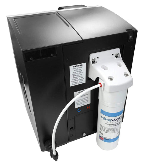 Back view of Keurig coffee machine with attached Replacement Water Filter Cartridge KQ8 PW5486, highlighting installation.