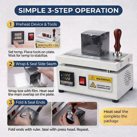 Simple 3-step operation instructions for Hassle Free Manual Shrink Wrap Heat Sealer For Bopp And Pvc Film Smooth Overwrapping Packing Tool.