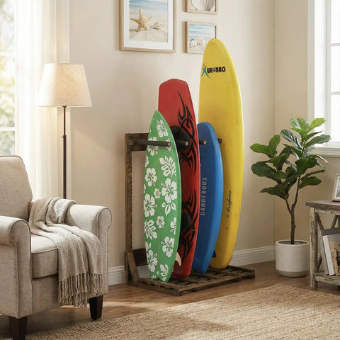 Rustic Burnt Wood Freestanding Surfboard Rack, 4 Foot Tall Vertical Stand For Indoor Storage, Holds Four Boards