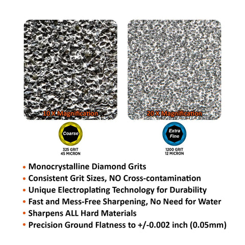 Double Sided Diamond Knife Sharpener Stone texture close-up with 325 grit coarse and 1200 grit extra fine surfaces shown