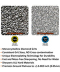 Magnified view of coarse 325 grit and extra fine 1200 grit on double sided diamond sharpening stone