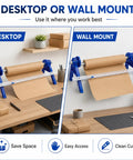 Nifty Paper Dispenser Cutter With Adjustable Mount And Built In Trimmer Plus Heavy Duty Brown Kraft Paper Roll Ideal For Shipping And Packing Straight Up Genius Kit Built Like A Tank mounted on a desk and wall for convenient use.