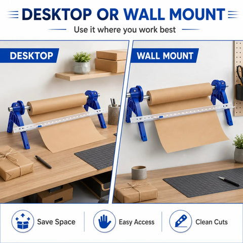 Nifty Paper Dispenser Cutter With Adjustable Mount And Built In Trimmer Plus Heavy Duty Brown Kraft Paper Roll Ideal For Shipping And Packing Straight Up Genius Kit Built Like A Tank mounted on a desk and wall for convenient use.