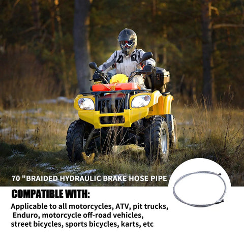 Rider on ATV with 70 Inch Braided Hydraulic Brake Hose Line With 10mm Banjo Ends for GY6 Scooters ATVs Dirt Bikes Go Karts