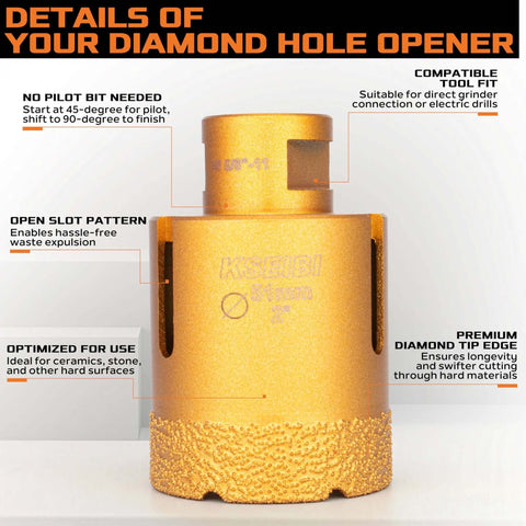 Front view of KSEIBI diamond hole saw, 51 mm diameter, 2 in drilling depth, 5/8-11 thread for angle grinder