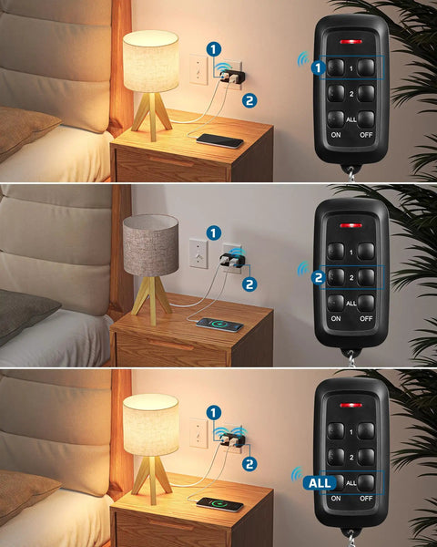 Indoor Remote Outlet Switch Set With Two Independent Outlets, shown controlling a lamp from a bedside table, remote in view