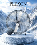 Heavy Hitter 42 Inch Industrial Drum Fan Moves Serious High Velocity Air For Garage Or Workshop Cools 24500 CFM With Smooth Rolling Casters Two Pack No Fuss Design on a snowy mountain backdrop.