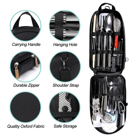 35 Piece Camping Kitchen Utensil Set Portable Outdoor Cooking Tools For Camping RV Backpacking And BBQ Complete Camp Kitchen Gear With Carry Bag Grilling Tools And Cooking Accessories showing open carry bag with tools.