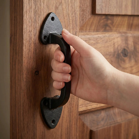 A hand holding a heavy duty cast iron barn door handle set of 3 in black with aged iron finish, attached to a wooden door.