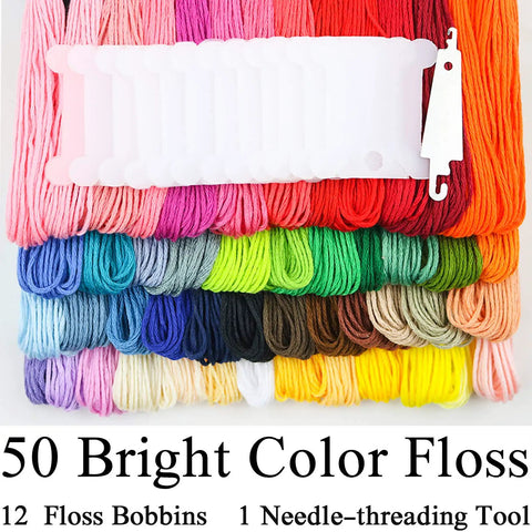 Rainbow Embroidery Floss Set With 50 Skeins In Bright Colors 12 Floss Bobbins And 1 Needle Threading Tool each skein about 8.75 yards.