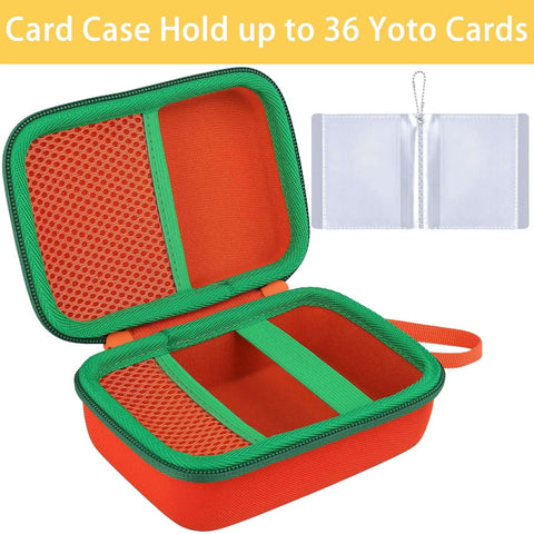 Chill Mode Hard Case For Yoto Mini Player With Roomy 36 Card Storage Bay, bold orange exterior and green interior with mesh storage.