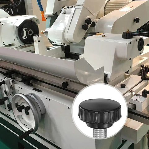 4 Pack M10 X 16mm Knurled Thumb Screws Zinc Plated Carbon Steel With Black Round Head close-up on machine for precise adjustments.