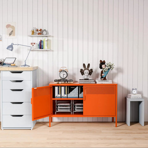 Orange Metal Storage Cabinet With Adjustable Shelves, 2 Door Locker shown open in home office setting with books and decor