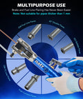 Blue Orion Motor Tech hydraulic flaring tool kit with tubing cutter and deburring tool, surrounded by flare adapters.