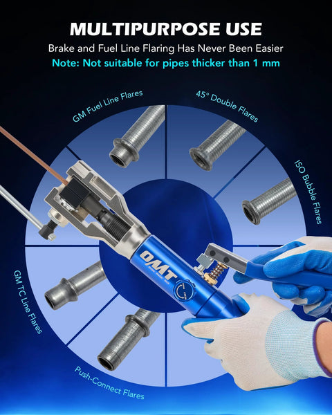 Blue Orion Motor Tech hydraulic flaring tool kit with tubing cutter and deburring tool, surrounded by flare adapters.